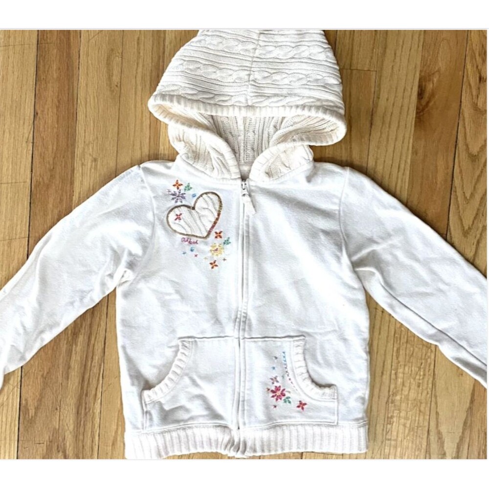 OshKosh B'gosh Girls 6X Full Zip Hooded Cotton White Sweater Jacket Floral Ivory - Picture 8 of 11